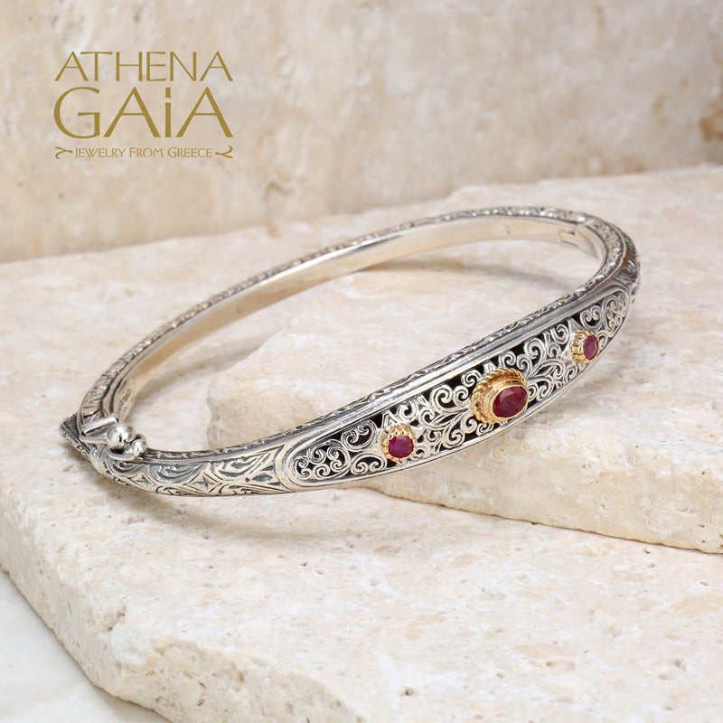 Mediterranean Silver Bracelet - 18k Gold and Sterling Silver - Hinged Bangle Bracelet