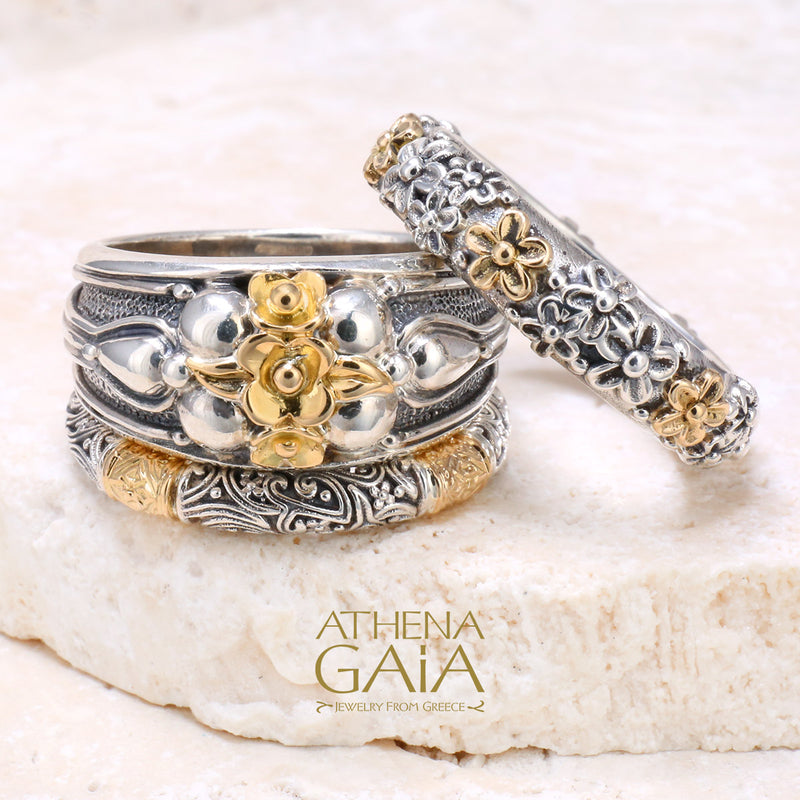 Wild Flowers Band Ring - 18k Gold & Sterling Silver Ring - Stackable Ring