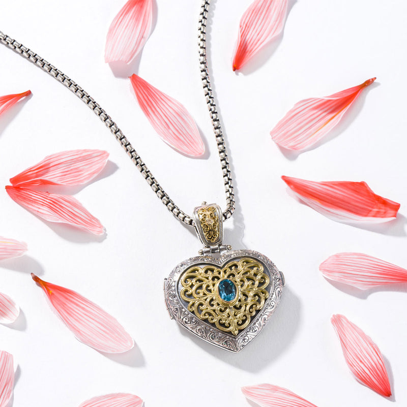 Mediterranean Stone Heart Locket Pendant (Large) - 18k Gold & Sterling Silver Pendant
