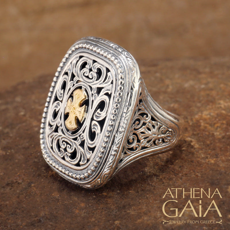 Maltese Gold Cross Garden Shadows Ring - 18k Gold & Sterling Silver Ring - Cocktail Ring
