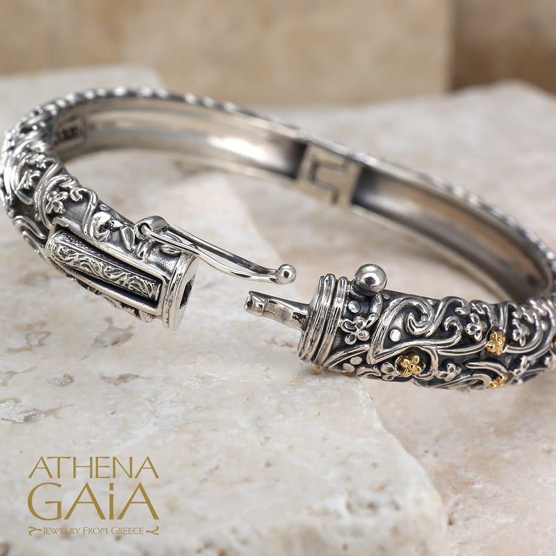 Large Stone Meadow Breeze Bracelet - 18k Gold and Sterling Silver - Hinged Bangle Bracelet