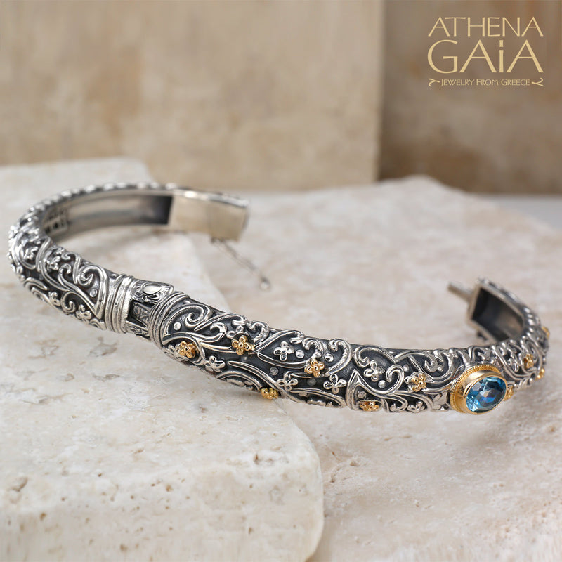 Large Stone Meadow Breeze Bracelet - 18k Gold and Sterling Silver - Hinged Bangle Bracelet