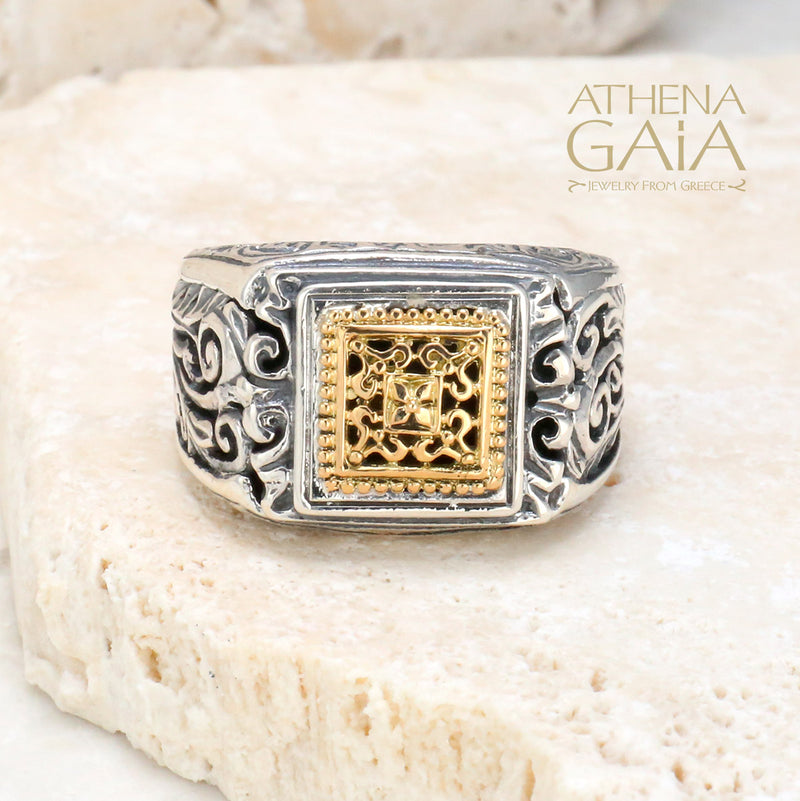 Garden Shadows Small Square Ring - 18k Gold & Sterling Silver Ring - Club Ring