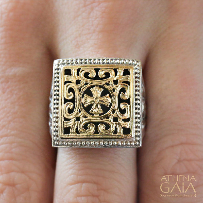 Garden Shadows Cross Synergy Ring - 18k Gold & Sterling Silver Ring - Club Ring