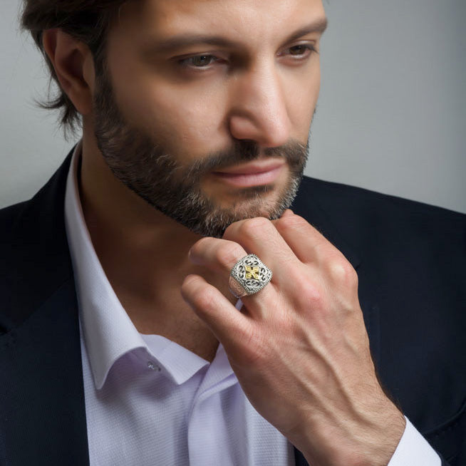 Gold Star Filigree Etched Ring - 18k Gold & Sterling Silver Ring - Signet Ring