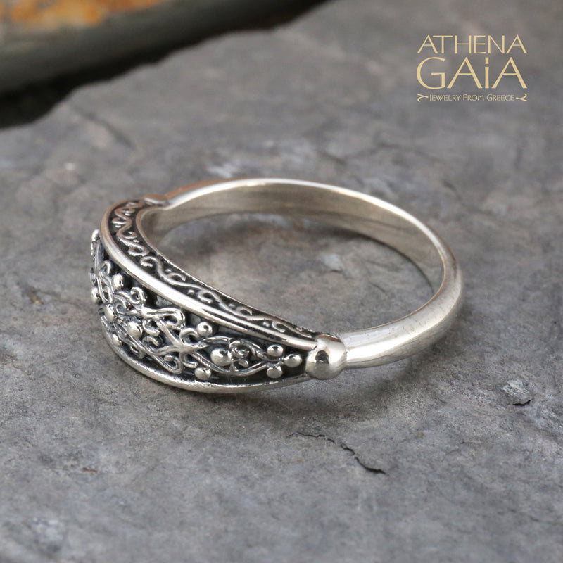 Aretousa Silver Vine Band Ring - Sterling Silver Ring - Stackable Ring