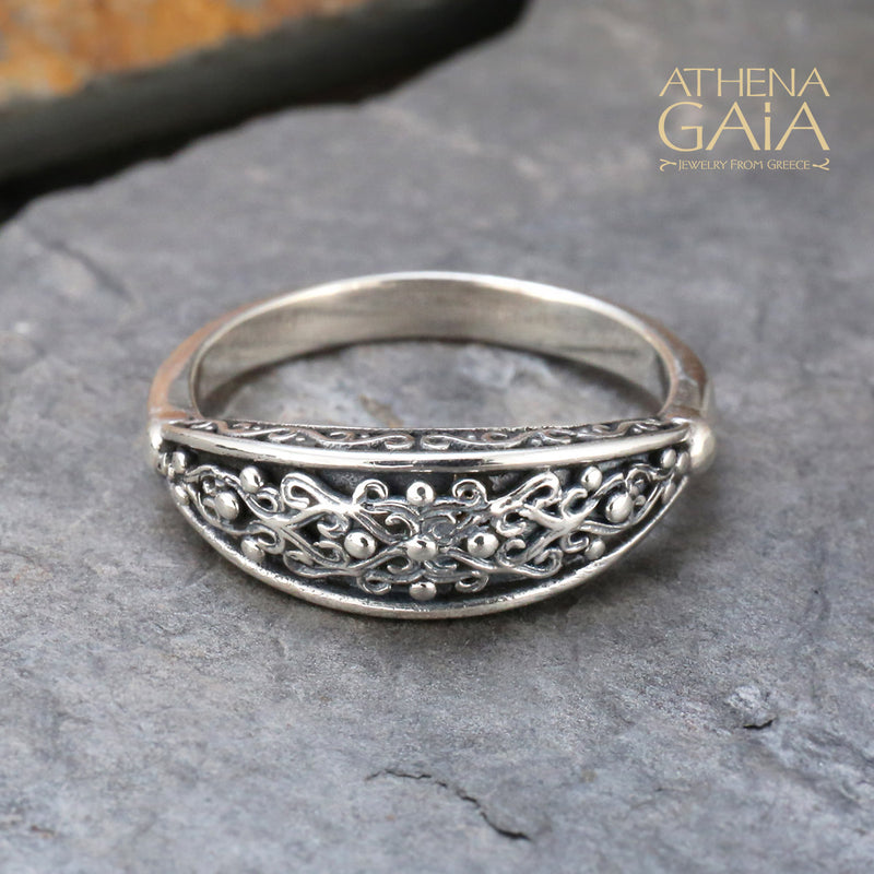 Aretousa Silver Vine Band Ring - Sterling Silver Ring - Stackable Ring