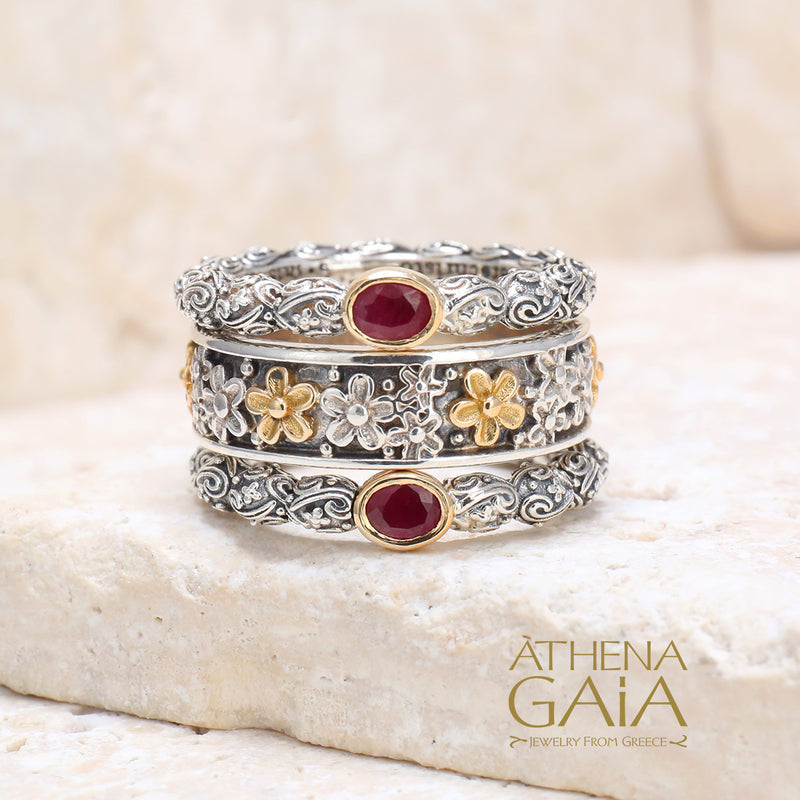 Wild Flowers Edged Band Ring - 18 Gold & Sterling Silver Ring - Stackable Ring