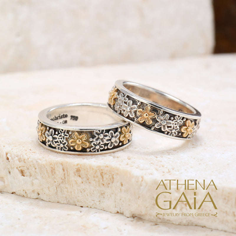 Wild Flowers Edged Band Ring - 18 Gold & Sterling Silver Ring - Stackable Ring