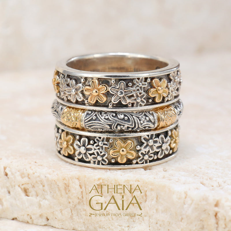 Wild Flowers Edged Band Ring - 18 Gold & Sterling Silver Ring - Stackable Ring