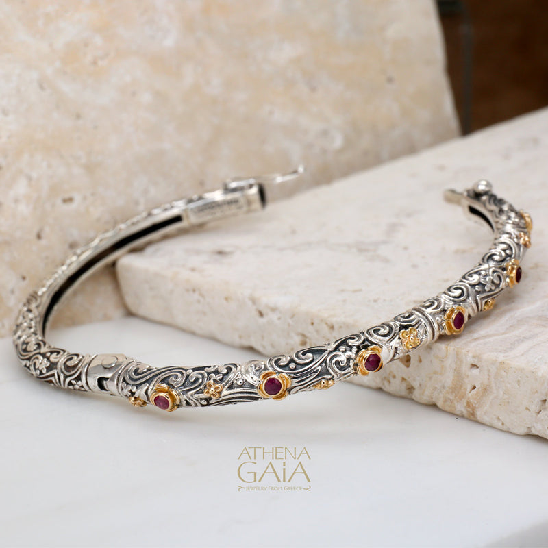 Meadow Breeze Ruby Flowers Bracelet - 18k Gold and Sterling Silver - Hinged Bangle Bracelet