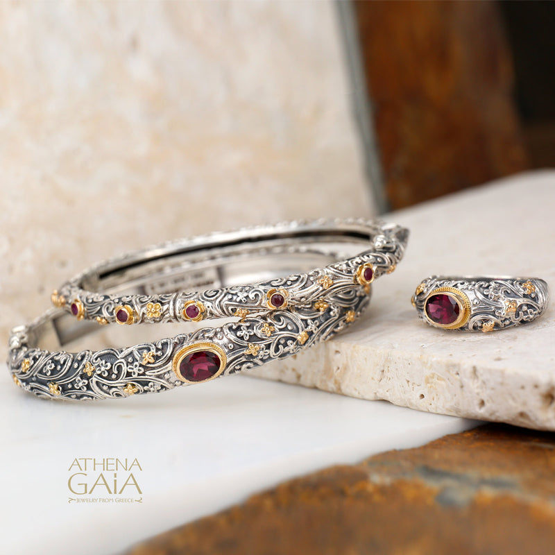 Meadow Breeze Ruby Flowers Bracelet - 18k Gold and Sterling Silver - Hinged Bangle Bracelet