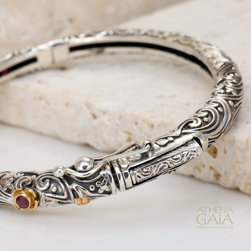 Meadow Breeze Ruby Flowers Bracelet - 18k Gold and Sterling Silver - Hinged Bangle Bracelet