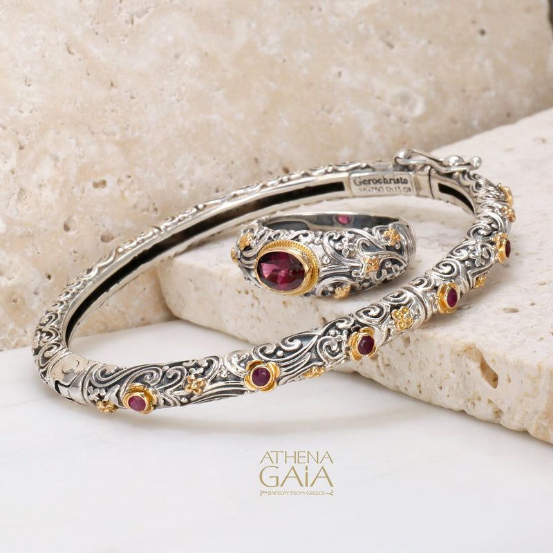 Meadow Breeze Ruby Flowers Bracelet - 18k Gold and Sterling Silver - Hinged Bangle Bracelet