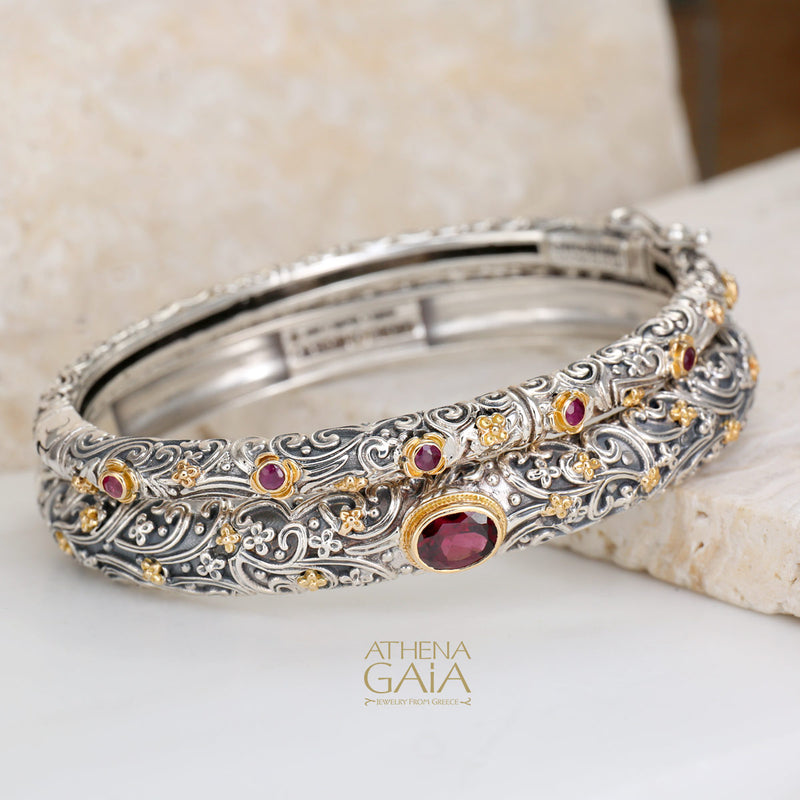 Meadow Breeze Ruby Flowers Bracelet - 18k Gold and Sterling Silver - Hinged Bangle Bracelet