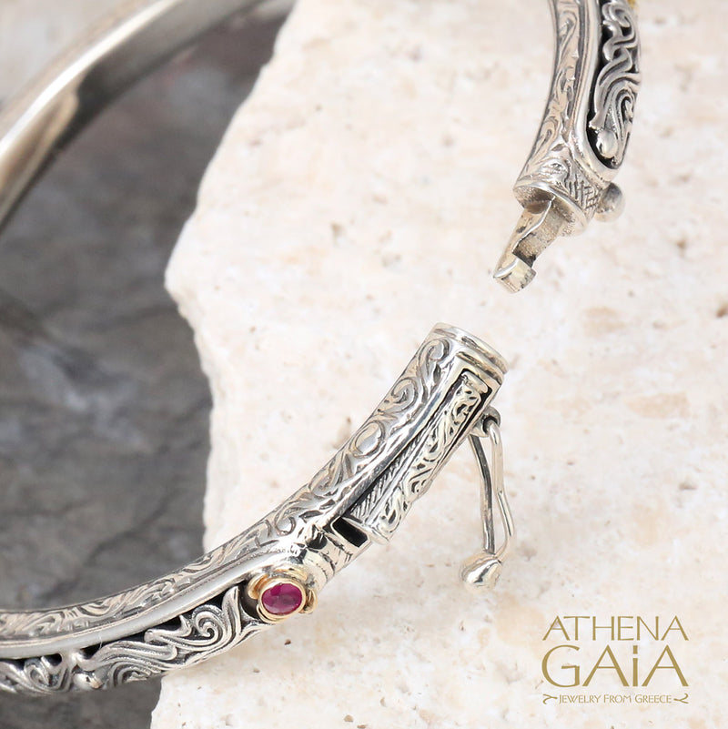 Nefeli Rubies Bracelet- 18k Gold and Sterling Silver - Hinged Bangle Bracelet