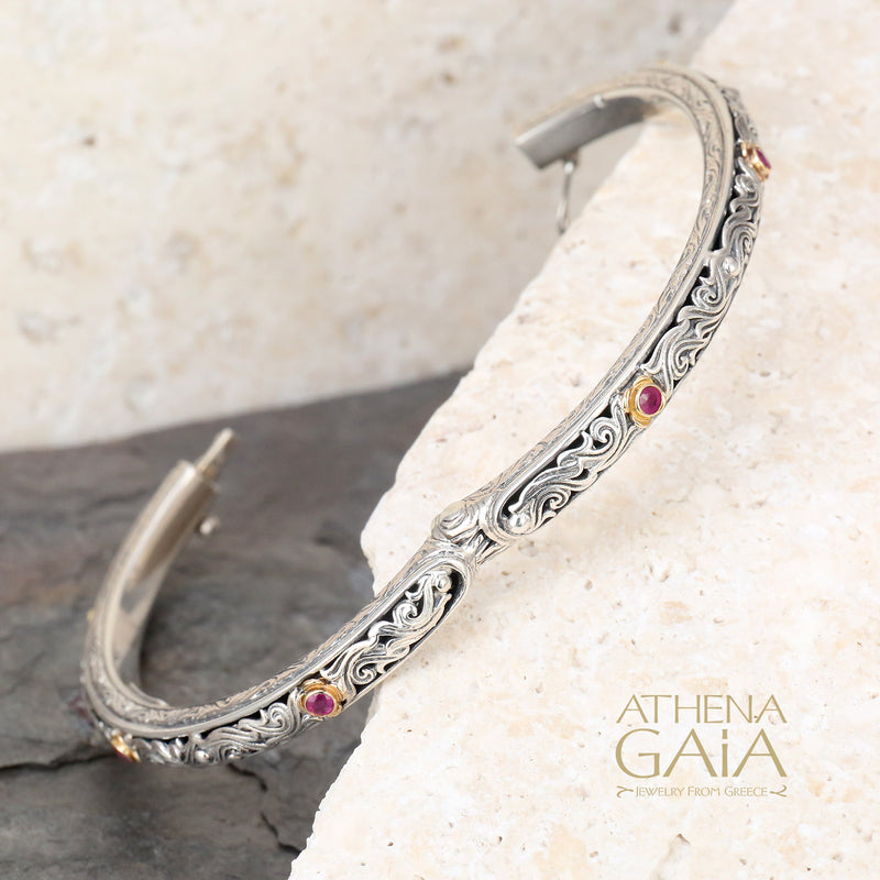 Nefeli Rubies Bracelet- 18k Gold and Sterling Silver - Hinged Bangle Bracelet