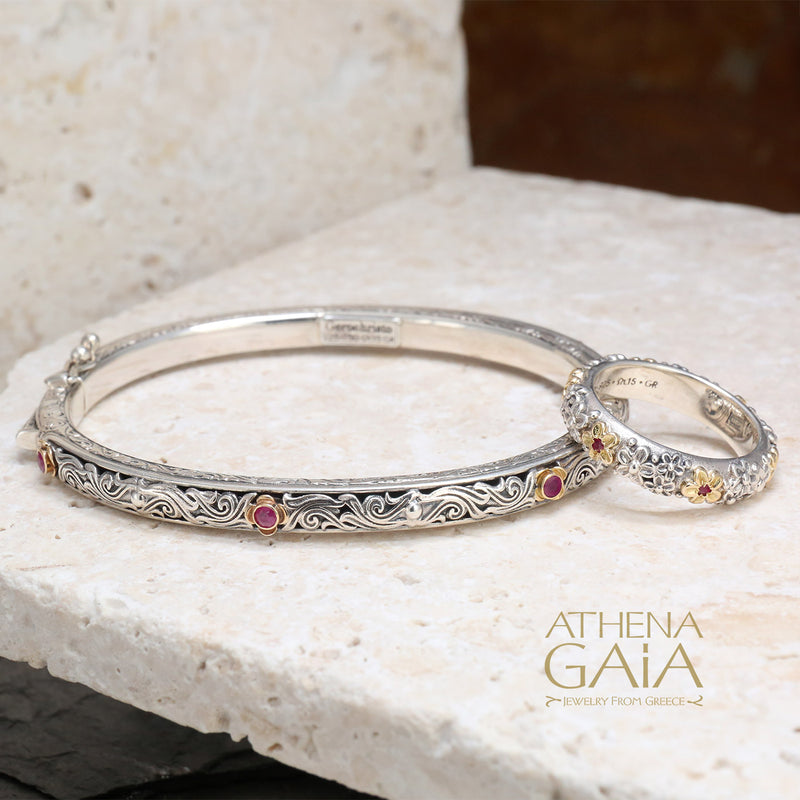 Nefeli Rubies Bracelet- 18k Gold and Sterling Silver - Hinged Bangle Bracelet