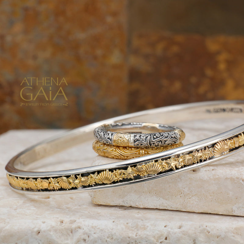 Thalassa Seashells Bracelet - 18k Gold and Sterling Silver - Solid Bangle Bracelet