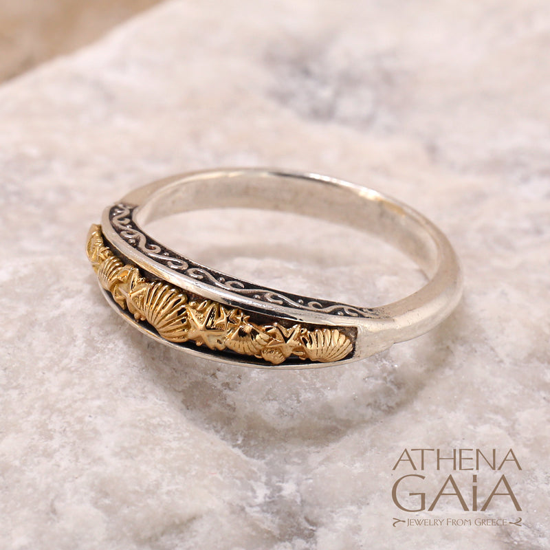 Thalassa Seashells Band Ring - 18k Gold & Sterling Silver Ring - Stackable Ring