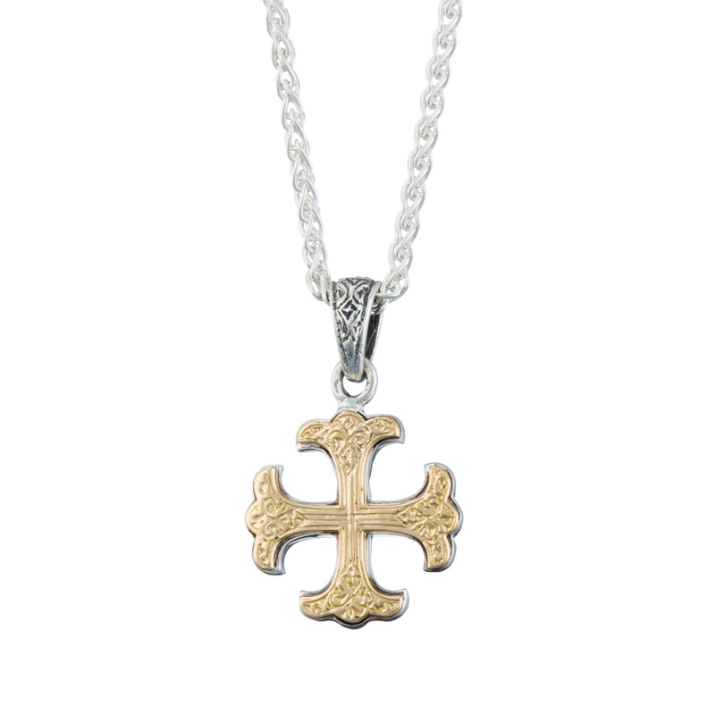 Etched Fleury Greek Cross - 18k Gold & Sterling Silver - Cross Necklace