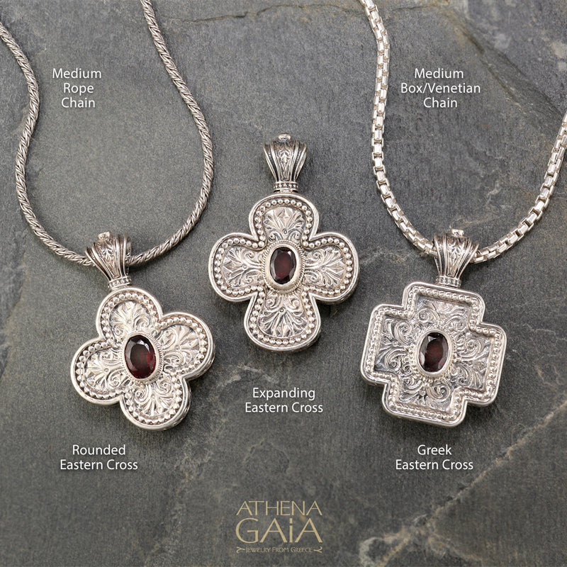 Squared Greek Cross - Sterling Silver with Center Stone - Orthodox Cross Necklace