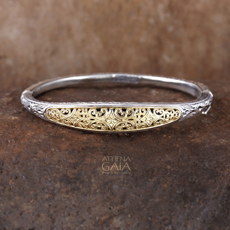 Mediterranean Bracelet - 18k Gold and Sterling Silver - Hinged Bangle Bracelet