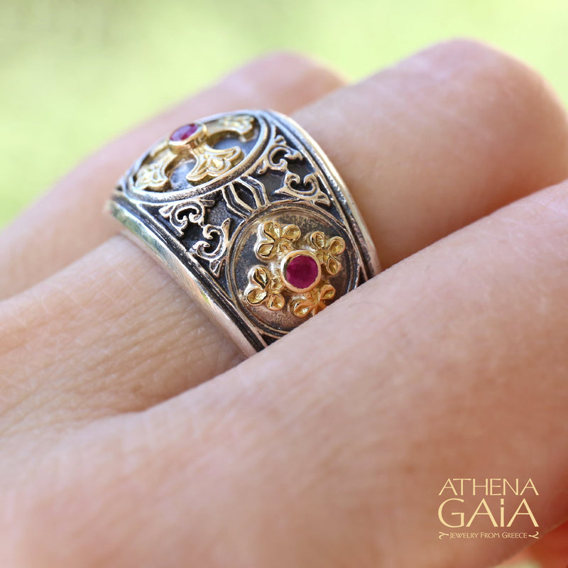 Triple Cross Eastern Ruby Ring 18k Gold & Sterling Silver Ring - Cigar Band Ring