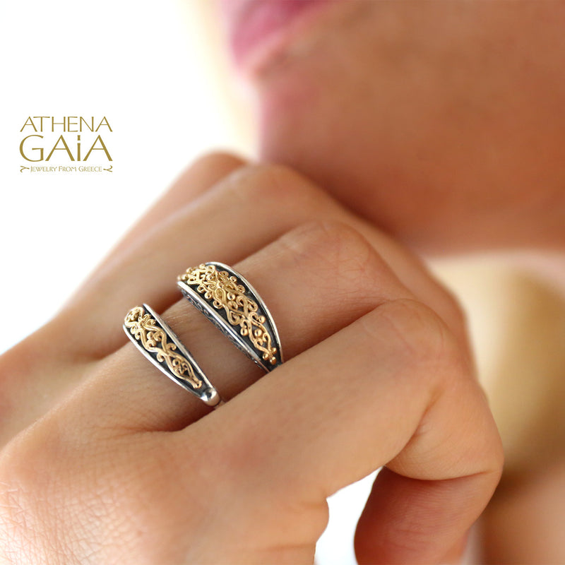 Aretousa Thin Gold Vine Ring - 18k Gold & Sterling Silver Ring - Stackable Ring