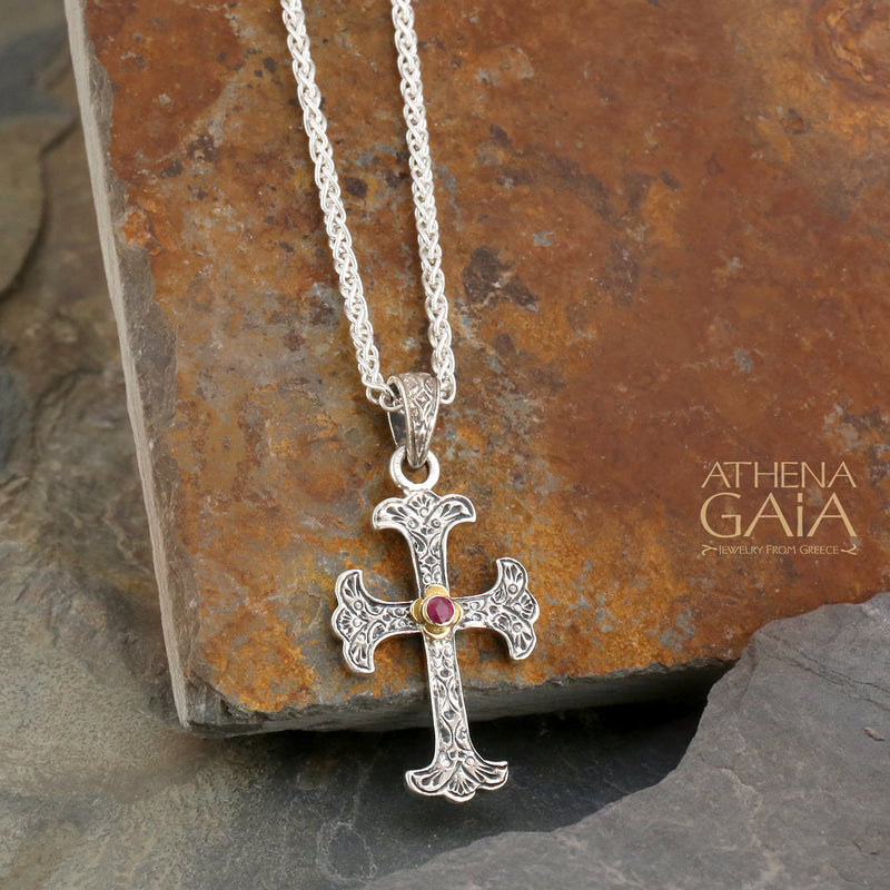 Fleury Cross With Ruby - Sterling Silver - Flared Cross