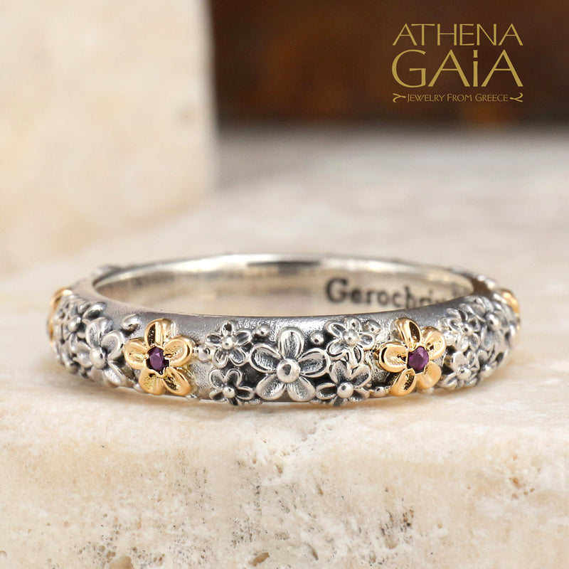 Wild Flowers Stone Band Ring - 18k Gold & Sterling Silver Ring - Stackable Ring