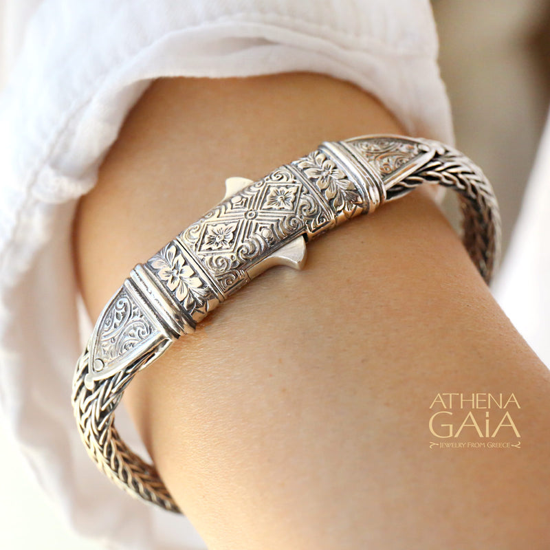 Etched Clasp Strap Bracelet - Sterling Silver Bracelet