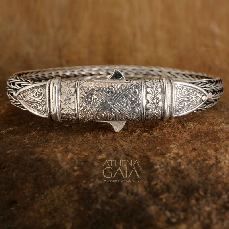 Etched Clasp Strap Bracelet - Sterling Silver Bracelet