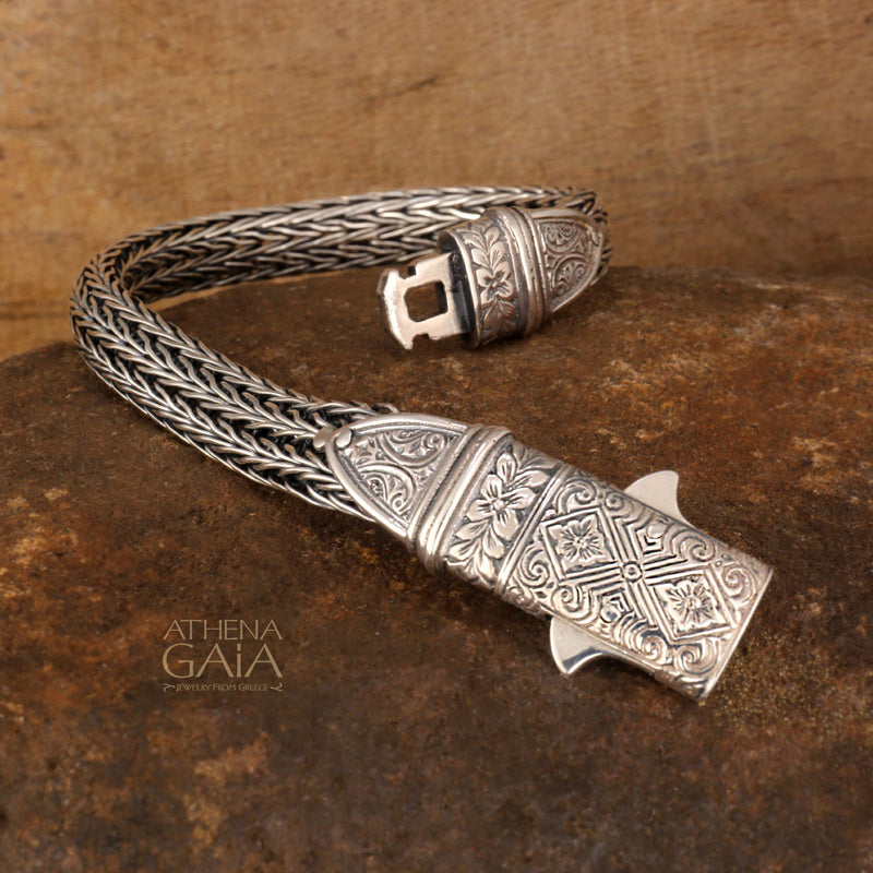 Etched Clasp Strap Bracelet - Sterling Silver Bracelet