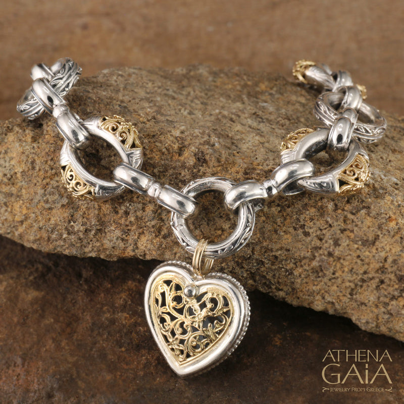 Zelda - 18k Gold and Sterling Silver - Heart Charm Bracelet