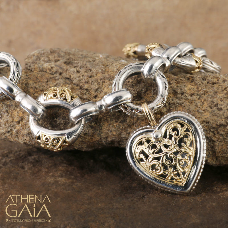 Zelda - 18k Gold and Sterling Silver - Heart Charm Bracelet