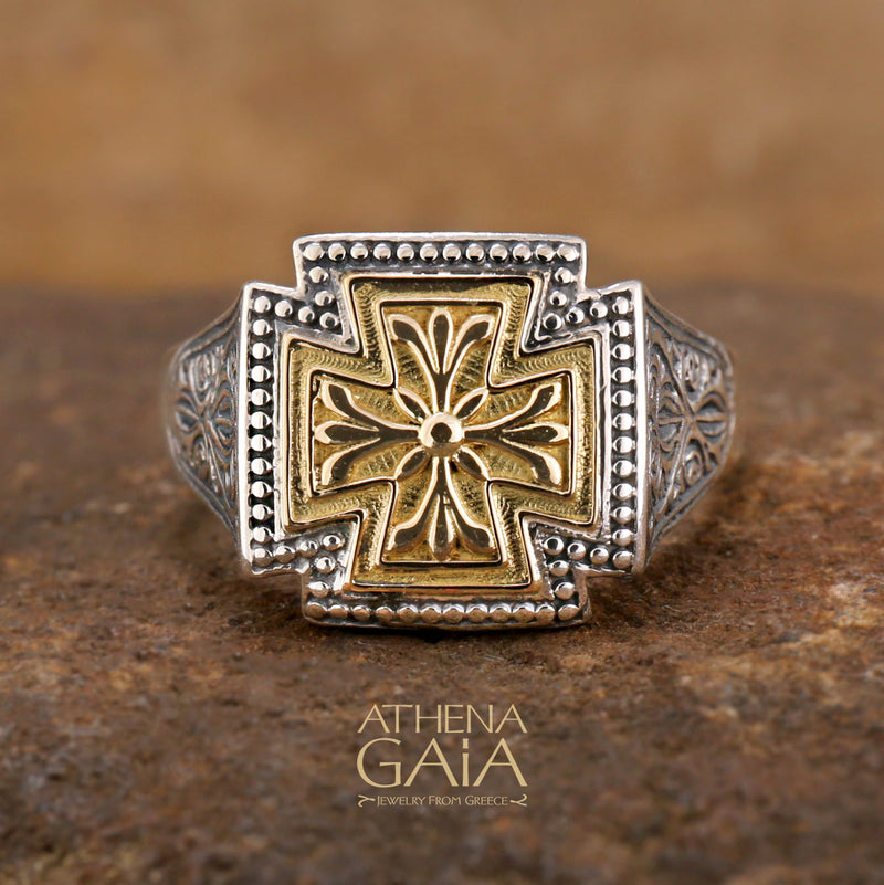 Eastern Cross Ring - 18k Gold & Sterling Silver Ring - Signet Ring