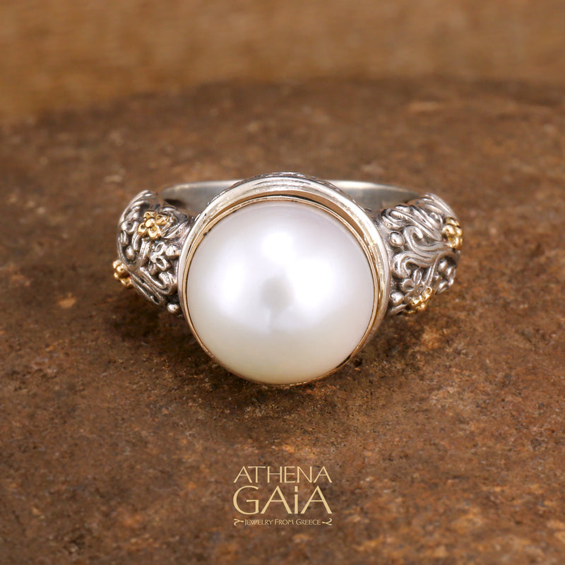 Meadow Breeze Pearl Ring - 18k Gold & Sterling Silver Ring- Cocktail Ring