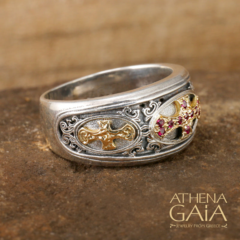 Ruby Maltese Cross Ring - 18k Gold & Sterling Silver - Cigar Band Ring