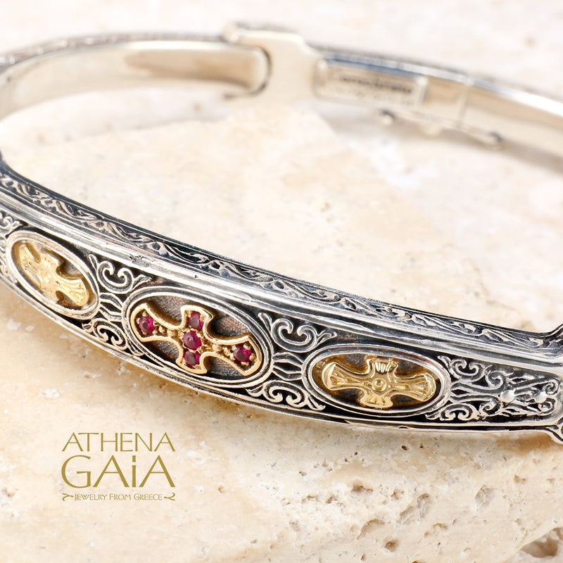 Patmos Ruby Cross Bracelet - 18k Gold and Sterling Silver - Flex Bangle Bracelet