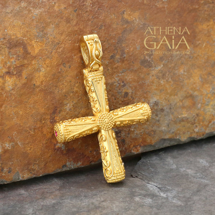 Diamond Halo Orthodox Cross (Large) 18k Gold Byzantine Cross