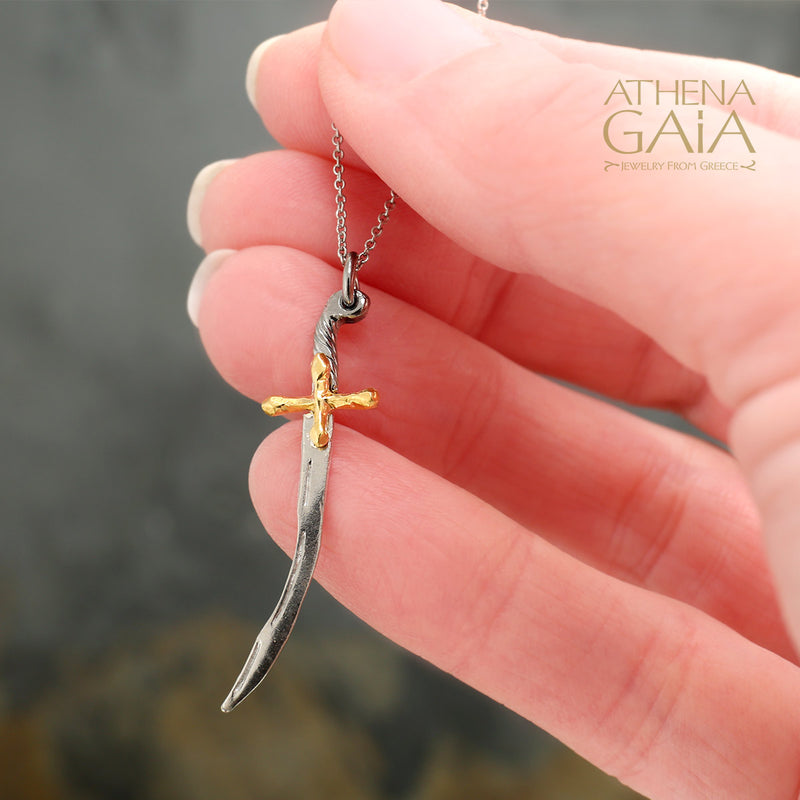 Greek Bicentennial Sword Pendant Necklace - Gold Plated Sterling Silver