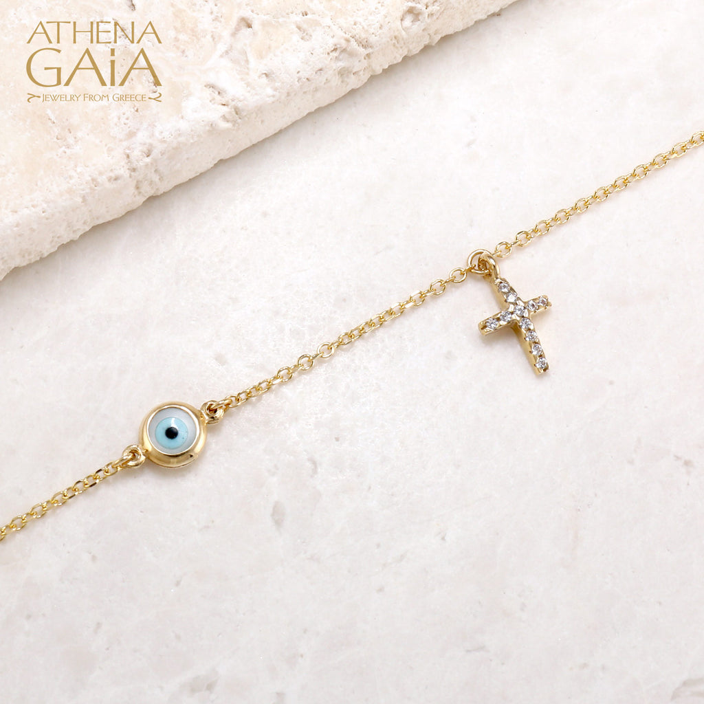 greek evil eye with zircon cross