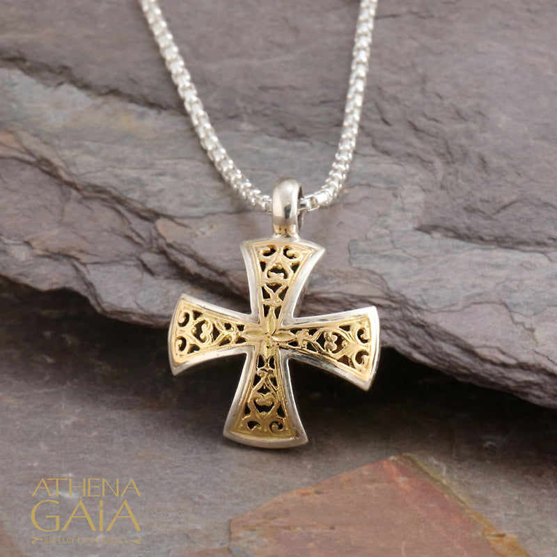 Garden Shadows Filigree Cross Necklace - 18k Gold & Sterling Silver  - Maltese Cross