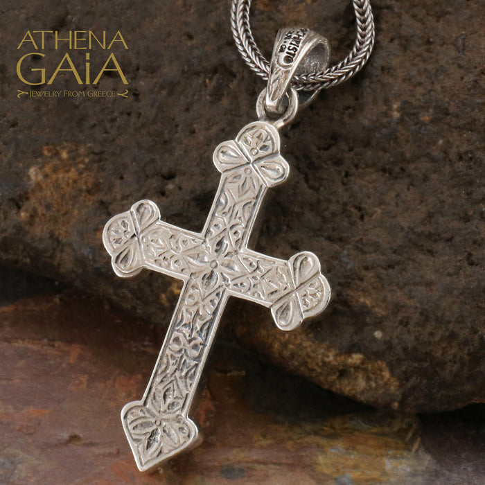 Claddagh Gold Dainty Greek Orthodox Cross Pendant - Solid Sterling Silver, White Gold Plated