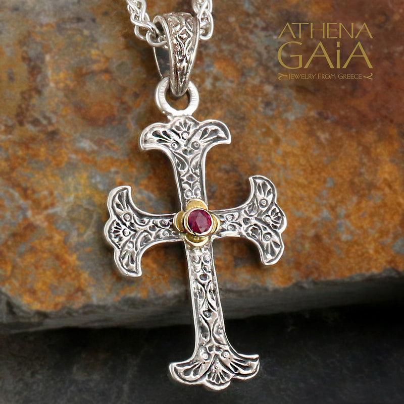 Fleury Cross With Ruby - Sterling Silver - Flared Cross