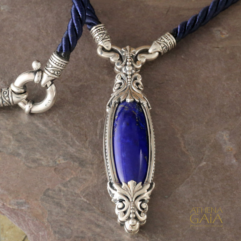 Long Lapis Pendant with Cord Necklace - Sterling Silver Necklace