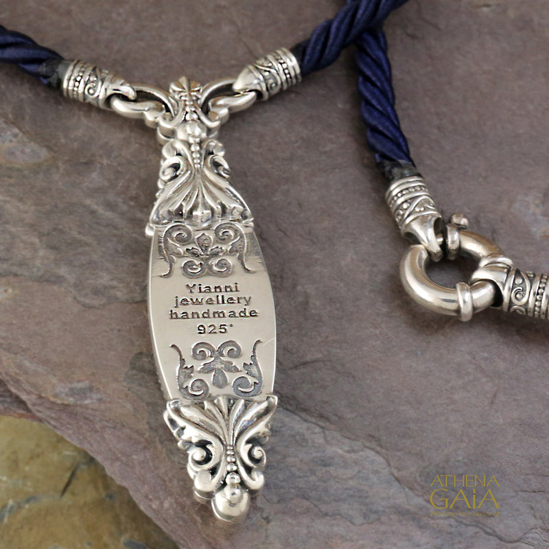 Long Lapis Pendant with Cord Necklace - Sterling Silver Necklace