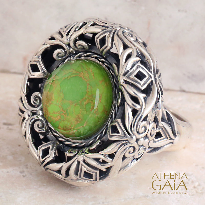 Byzantine Button Filigree Ring - Sterling Silver Ring - Cocktail Ring - Large Stone Ring