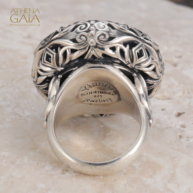 Byzantine Button Filigree Ring - Sterling Silver Ring - Cocktail Ring - Large Stone Ring